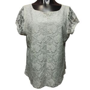 Star Fever Women's White Floral Lace Satin Lined Short Sleeve Top XXL